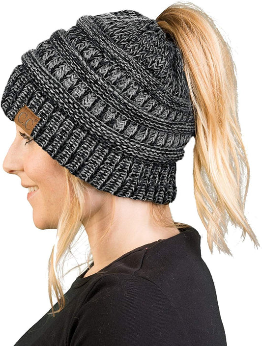 Women'S Beanie Ponytail Messy Bun Beanietail Multi Color Ribbed Hat Cap