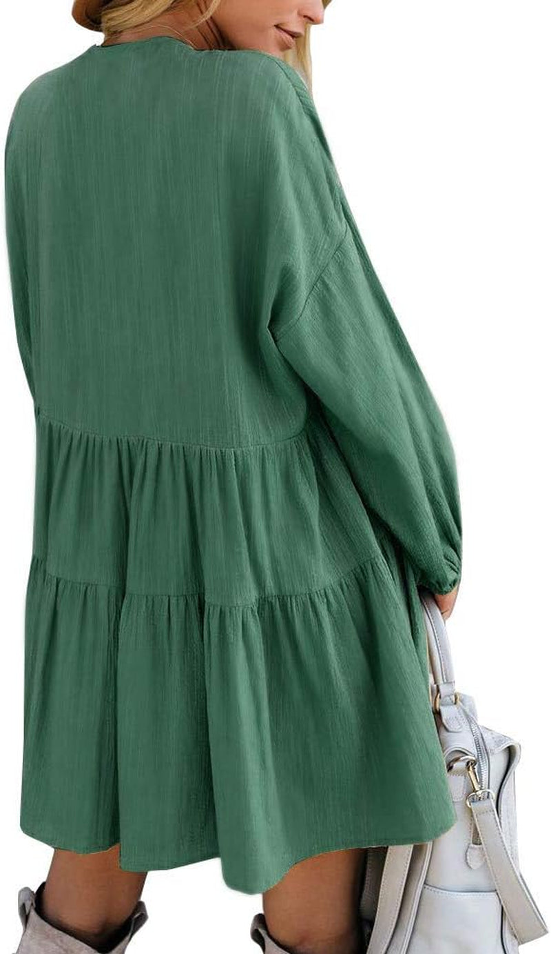 Long Sleeve Shift Tunic Dress Ruffle Swing Babydoll Juniors Mini Ruffle Dress with Pockets