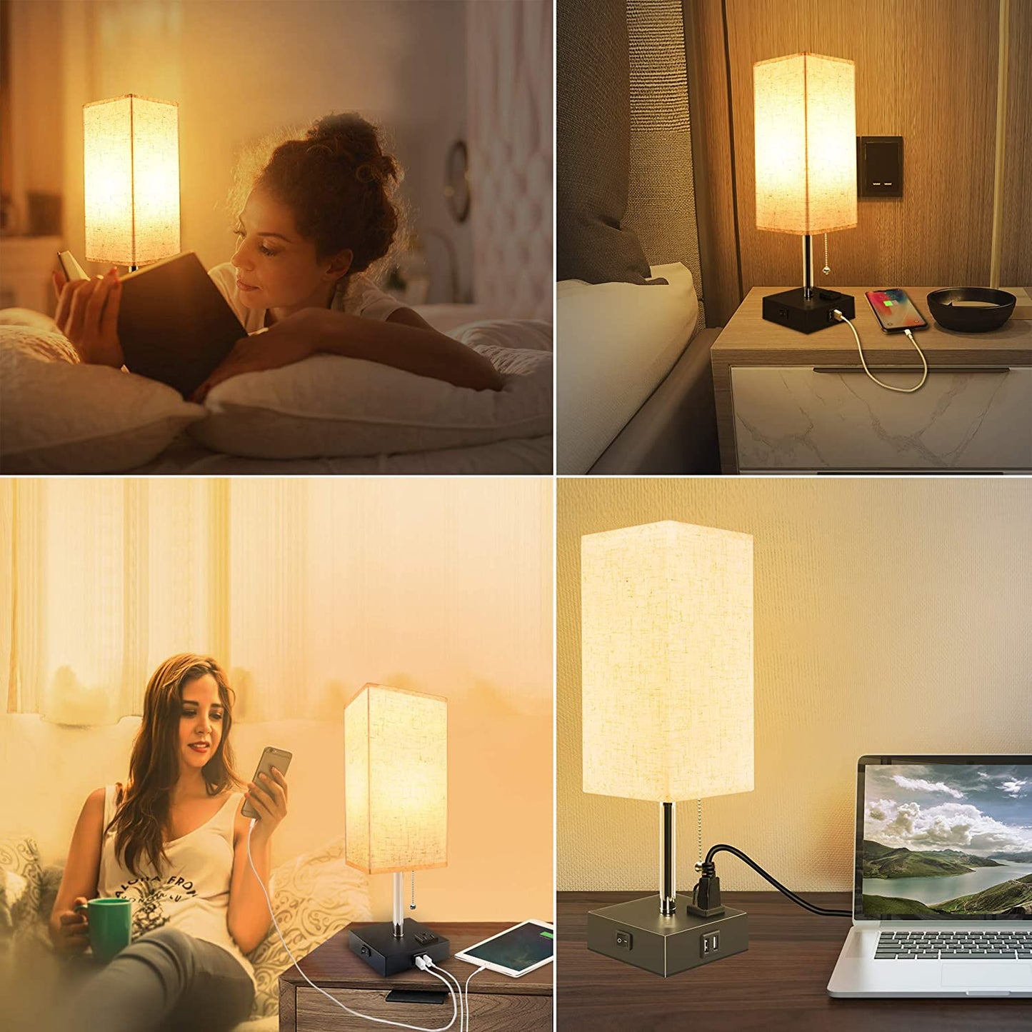 USB Bedside Table Lamp, Minimalist Bedside Desk Lamp with Charging Port,Lamps for Bedrooms,Fabric Shade Ambient Light,Modern Nightstand Lamp with Pull Chain