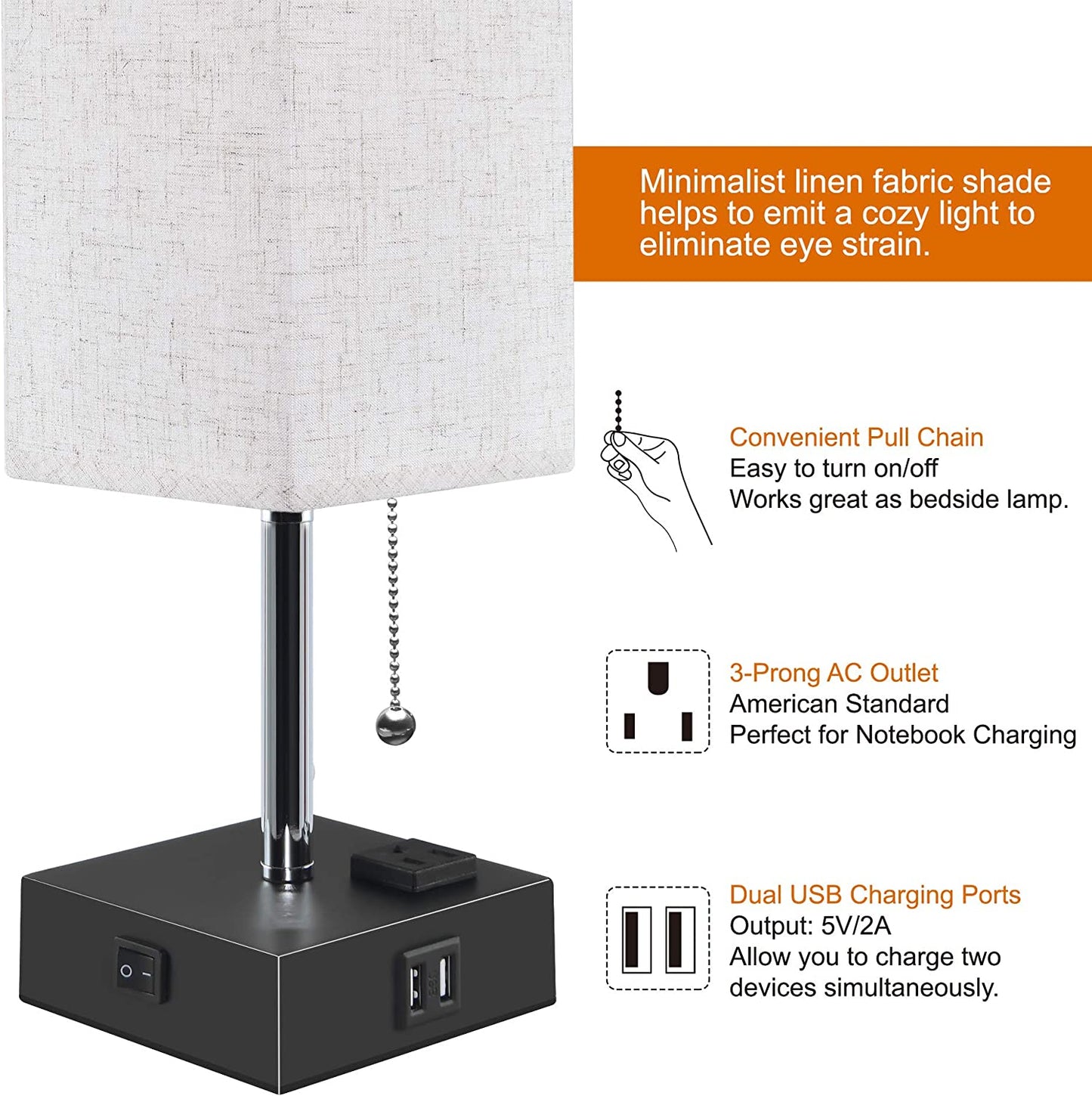 USB Bedside Table Lamp, Minimalist Bedside Desk Lamp with Charging Port,Lamps for Bedrooms,Fabric Shade Ambient Light,Modern Nightstand Lamp with Pull Chain