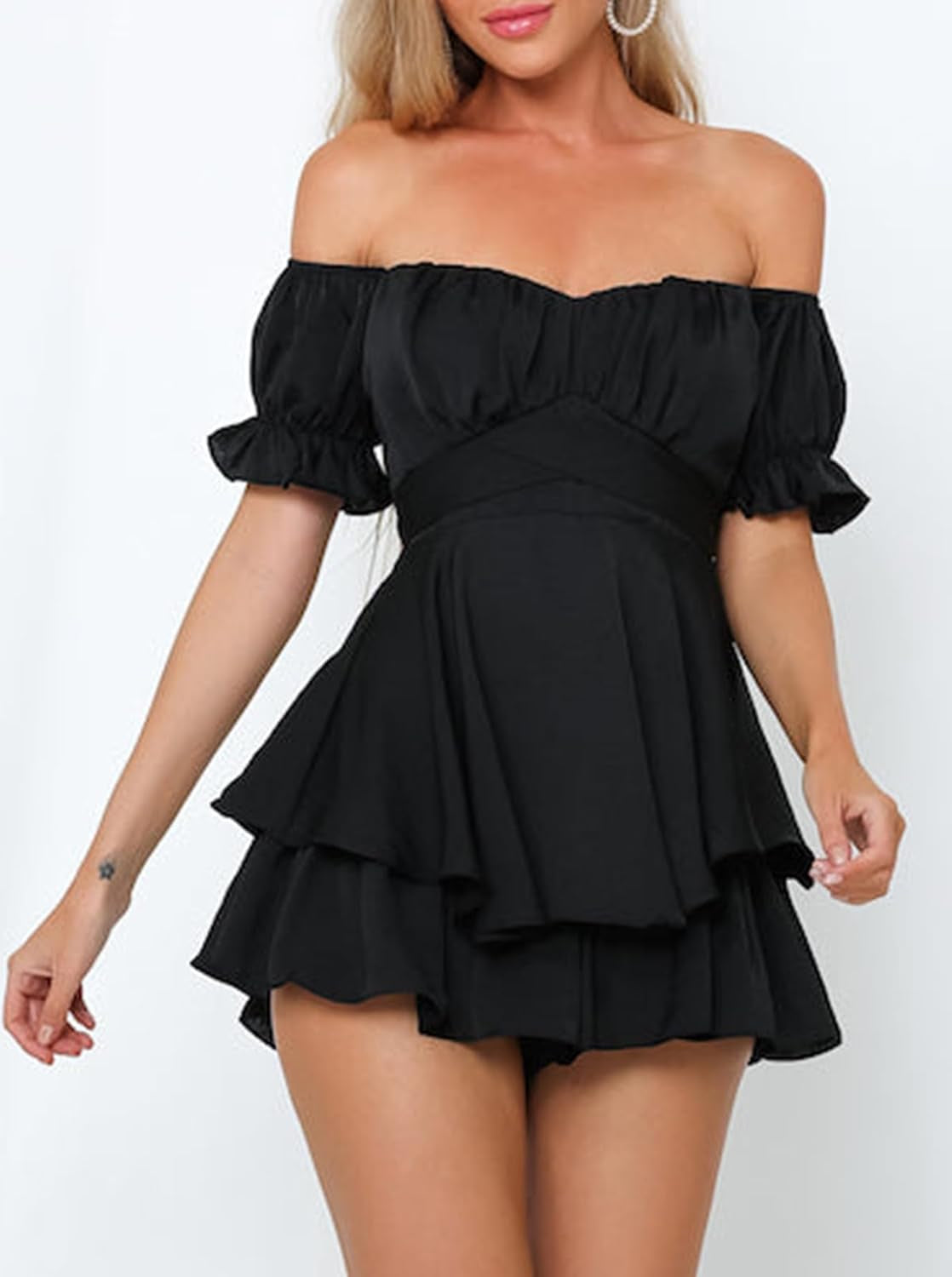 Women Boho Romper off Shoulder Ruffle Chiffon Shorts Jumpsuit Playsuit